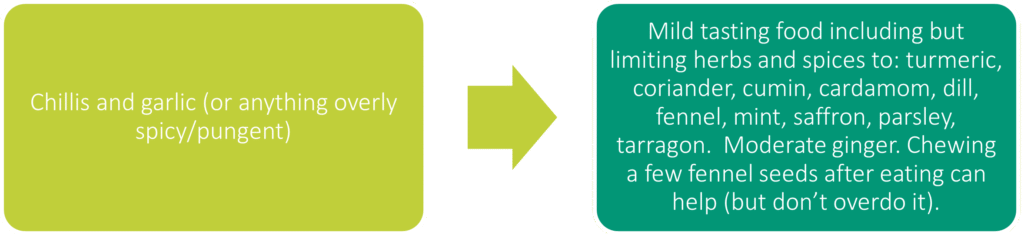 Move from Chillis and garlic (or anything overly spicy or pungent) to mild tasting food including but limiting herbs and spices to: turmeric, coriander, cumin, cardamom, dill, fennel, mint, saffron, parsley, tarragon. Moderate ginger. Chewing a few fennel seeds after eating can help (but dont overdo it).